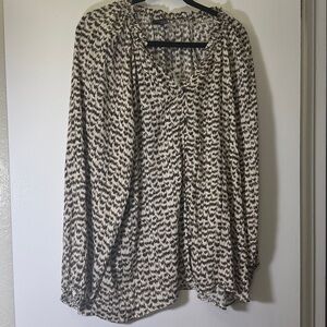 NWT T Tahari Woman Ruffle Neck Cream and Brown Patterned Blouse size 1X